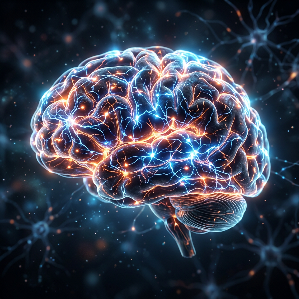 Human brain with glowing neural pathways indicating electrical activity