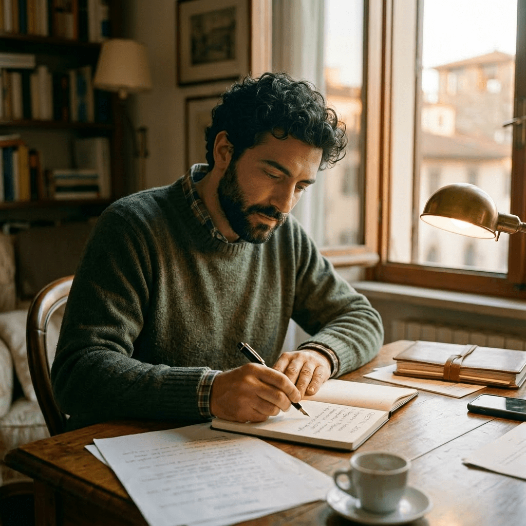 Man writing in notebook at wooden desk near window