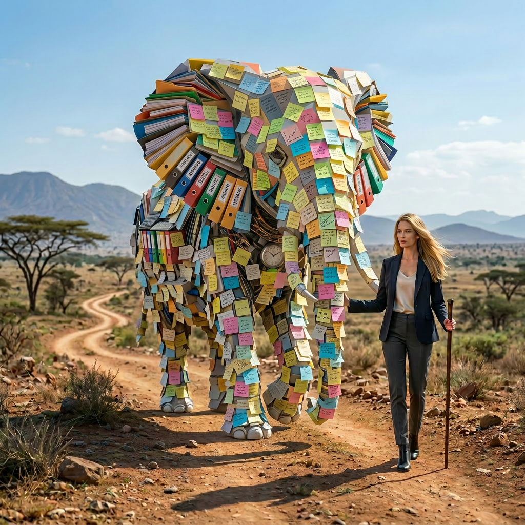 Traveler walking with glowing geometric elephant on dirt path at sunset