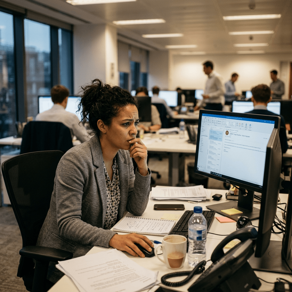 Woman in office looking intently at computer screen reading an email