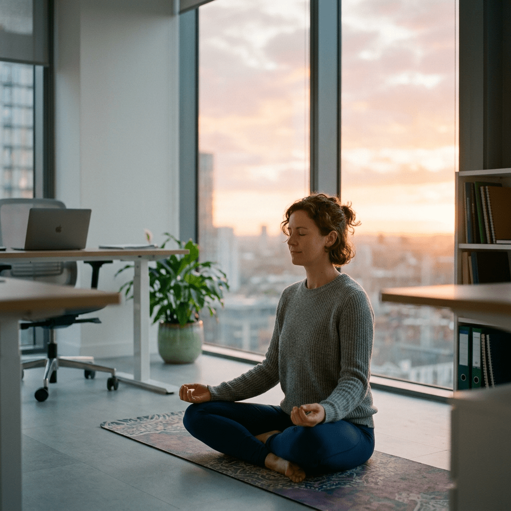Woman seated cross-legged on yoga mat meditating in modern office with sunset view