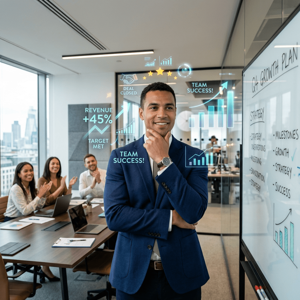 Man visualizing successful meeting in office