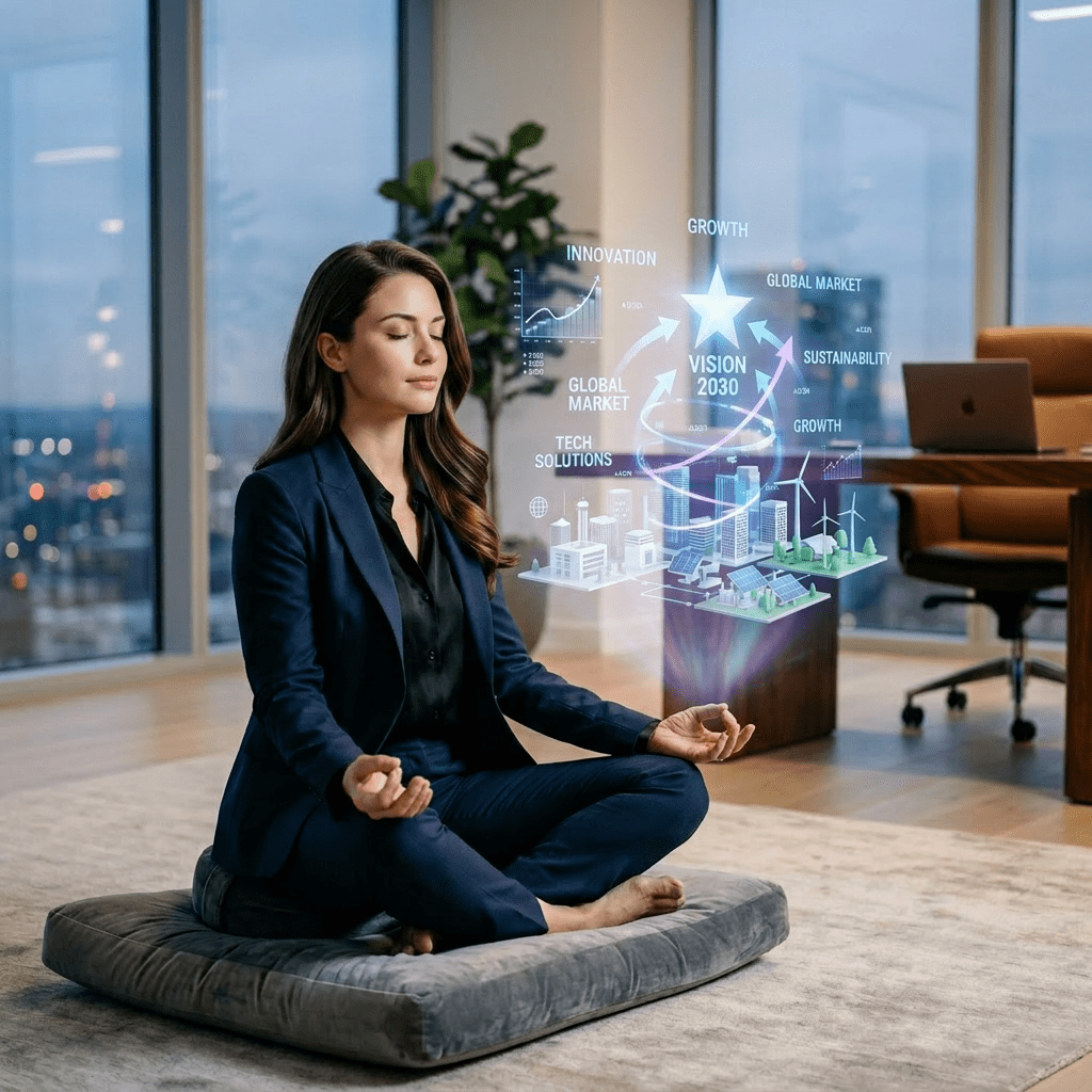 Businesswoman meditating cross-legged with holographic vision 2030 sustainability, growth, and innovation graphics