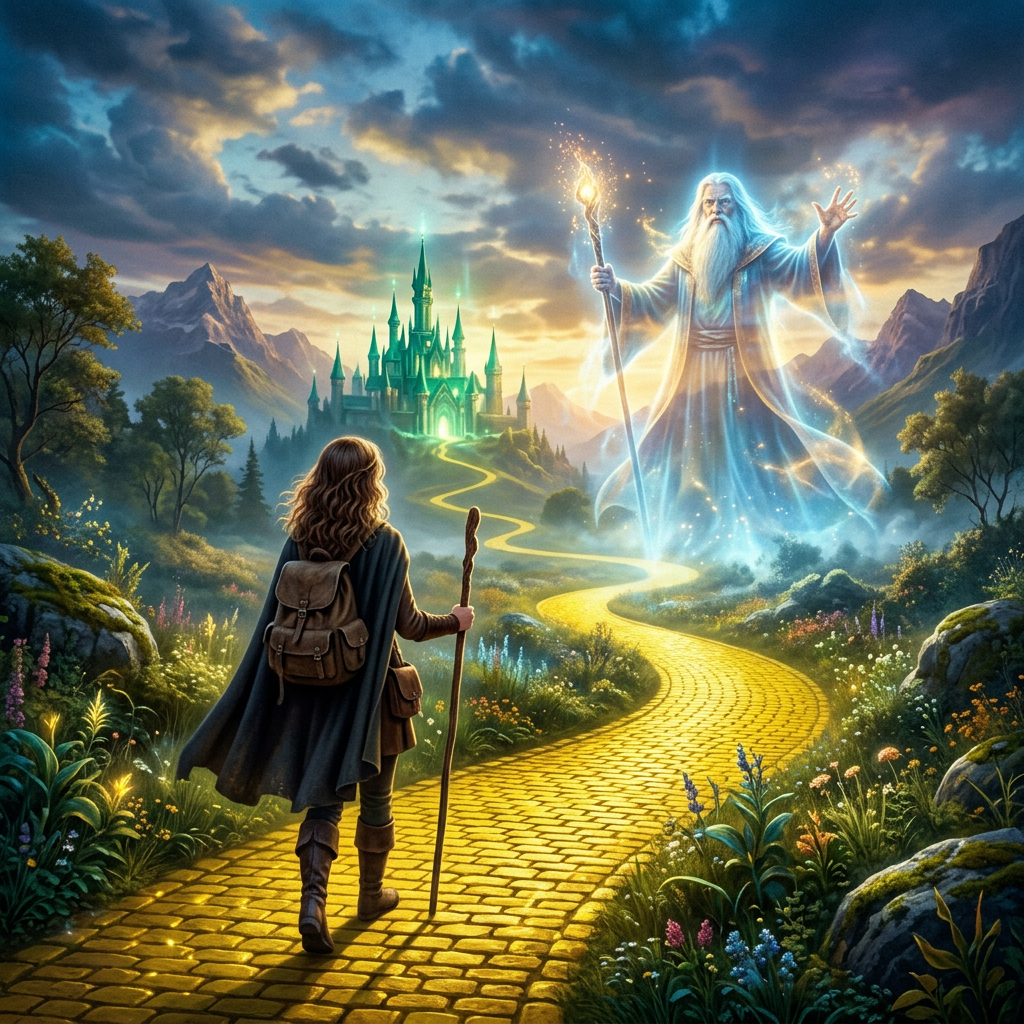 Traveler on golden path encountering glowing wizard near magical castle