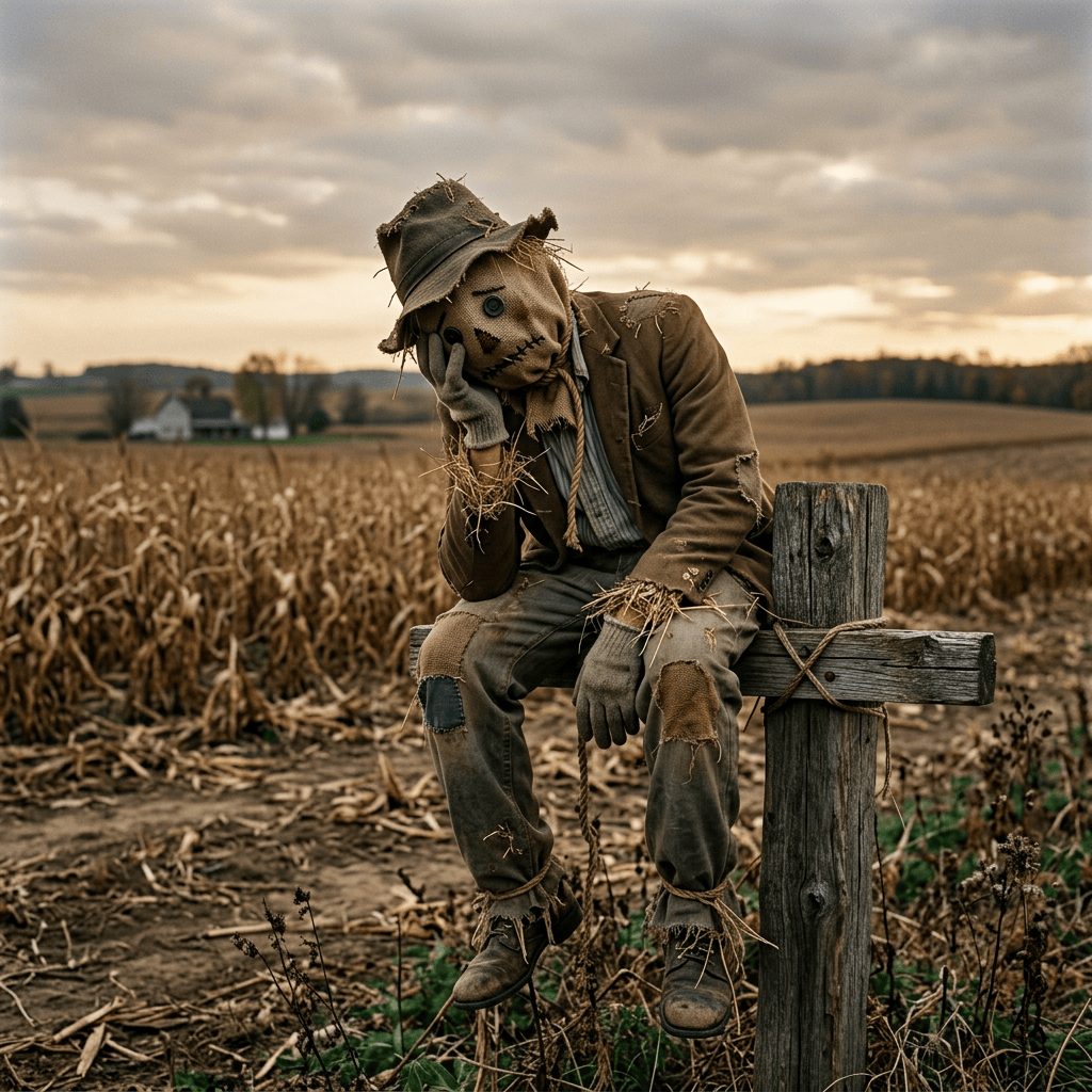 Scarecrow in patched clothing sitting on a wooden post near a cornfield at sunset