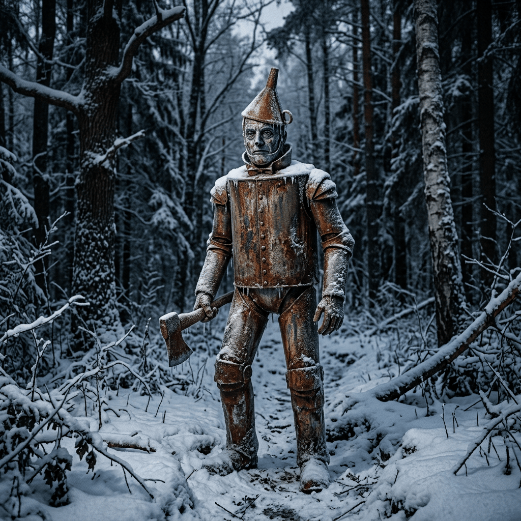 Rusty Tin Man statue with an axe standing in a snowy forest path