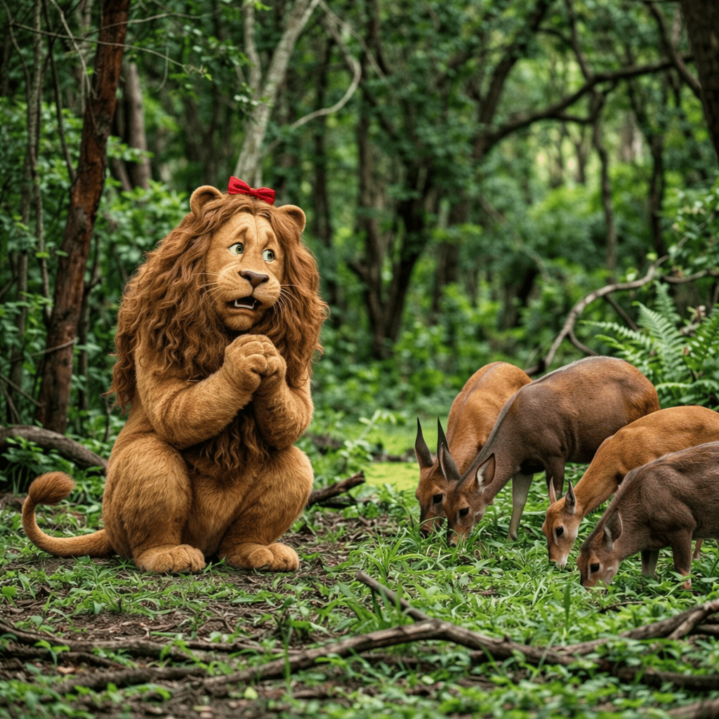 Lion sitting near grazing antelope and warthog in dense green forest