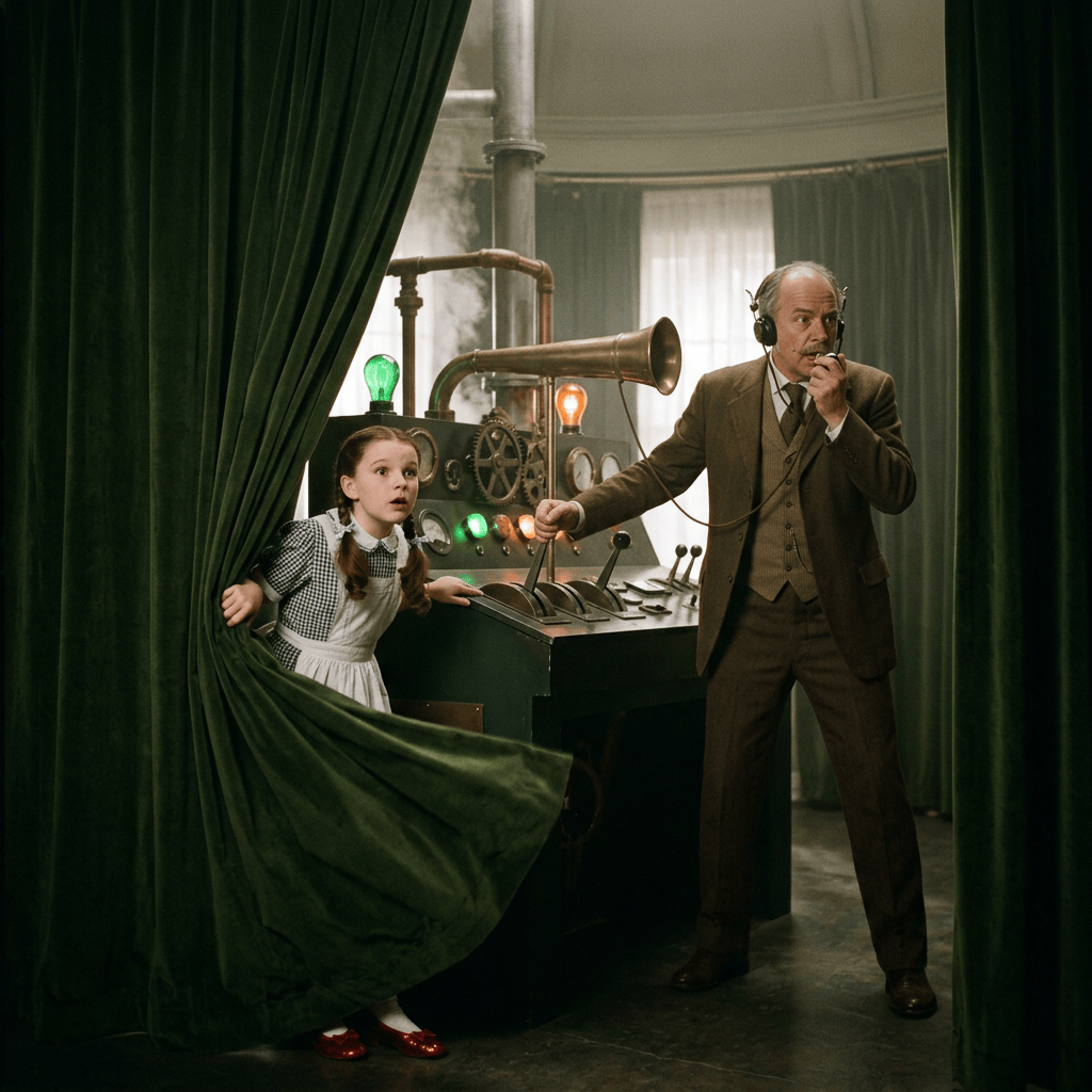 Man operating vintage control panel with levers and a girl peeking behind green curtains