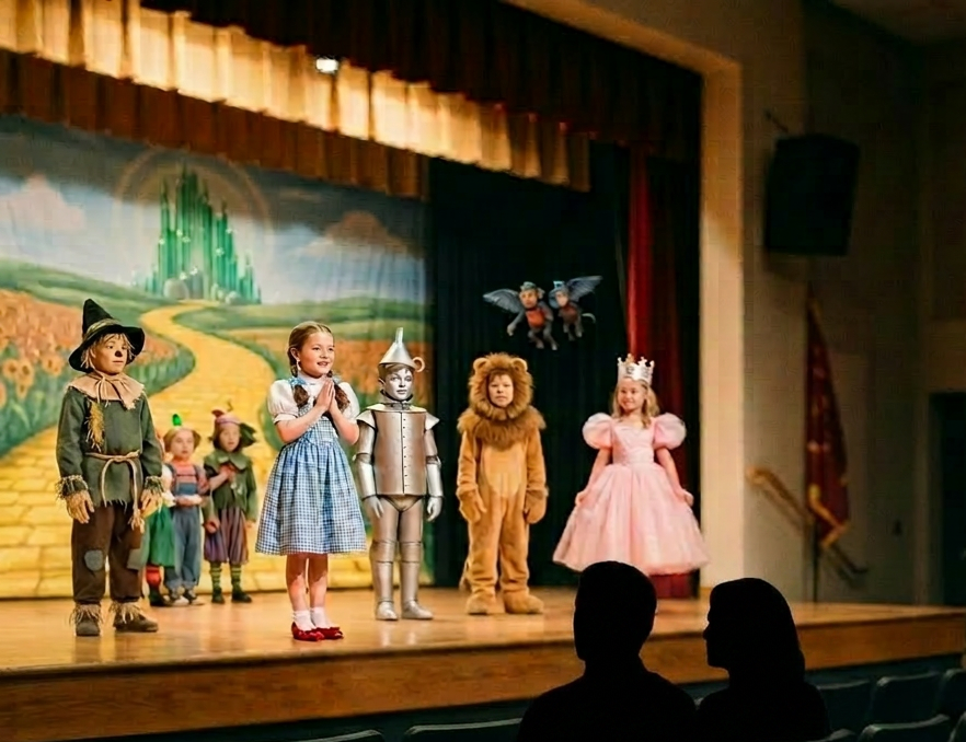 Young girl wearing a blue fairy costume singing on stage with seated audience watching
