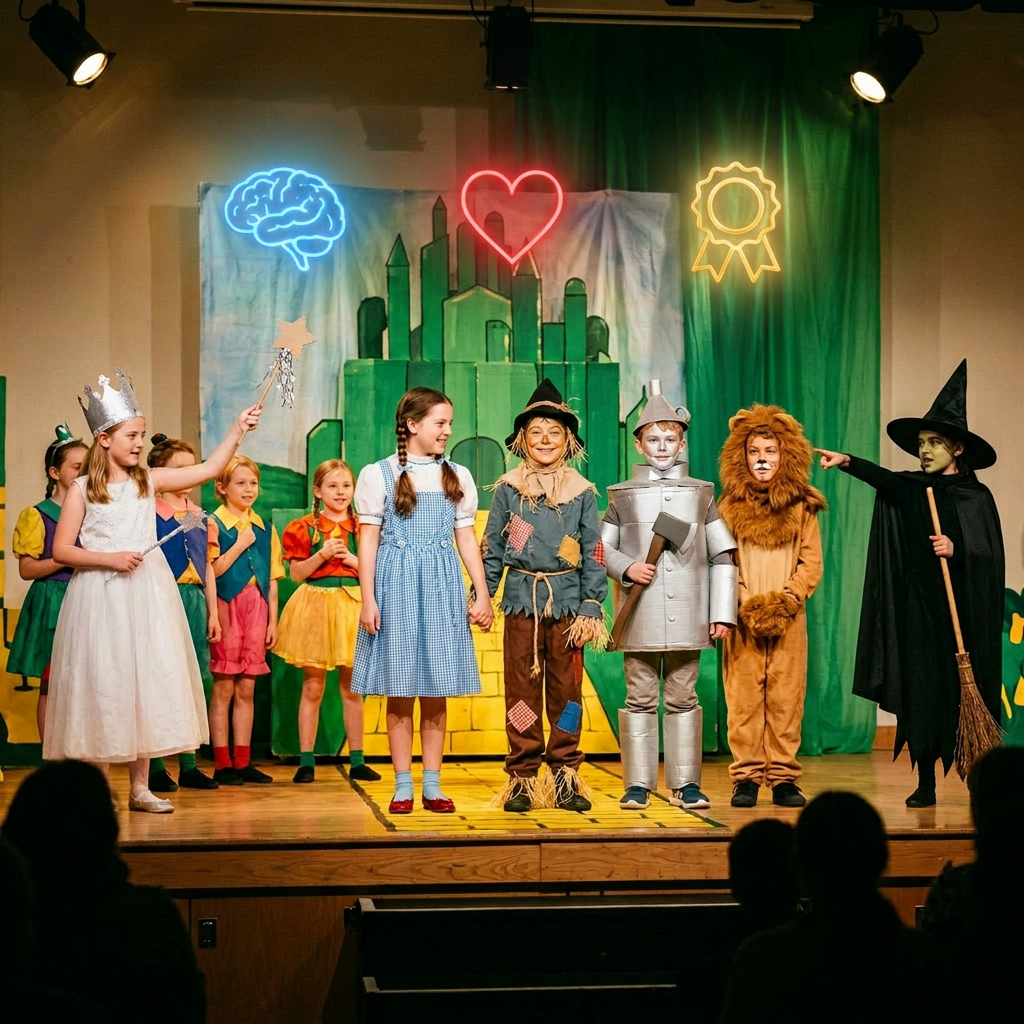 Children in Wizard of Oz costumes including Dorothy, scarecrow, tin man, lion, witch, and others on stage