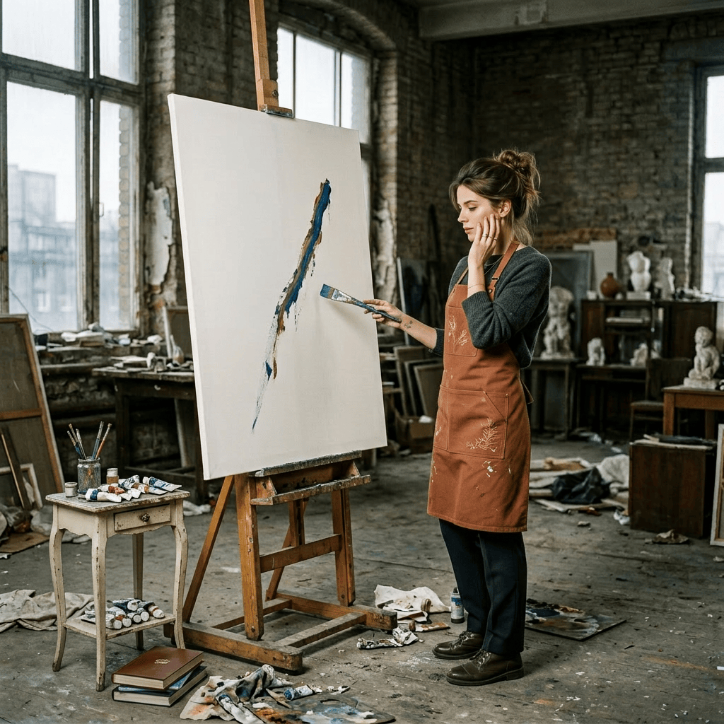 Artist in apron holding paintbrush, looking at abstract streak on canvas