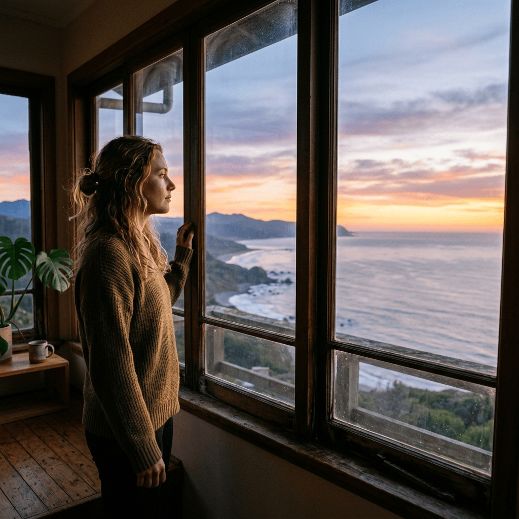 Person gazing through window at horizon