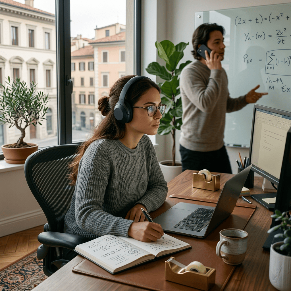 Woman with headphones writing in notebook at desk with laptop, man on phone in background