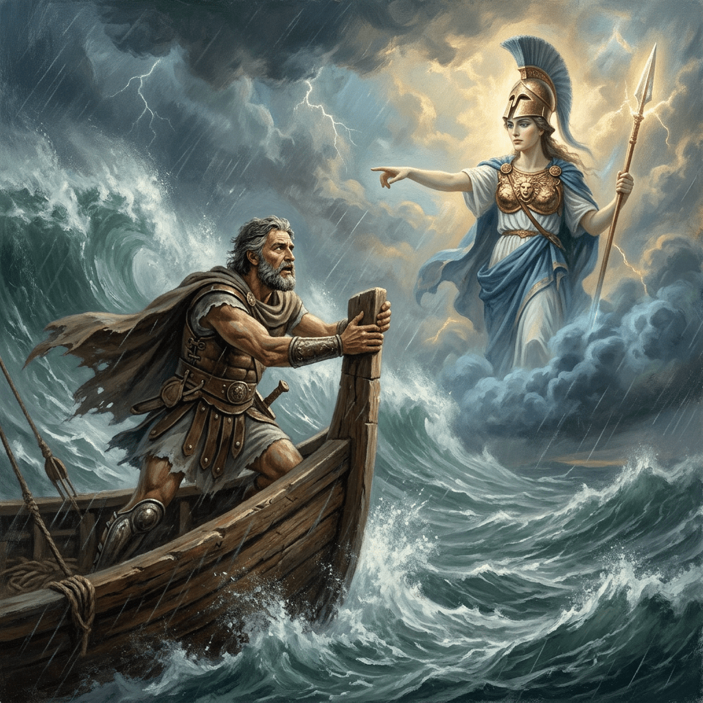 Ancient warrior in boat facing storm and divine armored woman with spear emerging from clouds