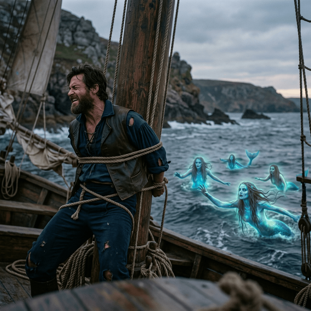 A man tied to a wooden mast on a boat while glowing mermaids swim nearby in rough water.