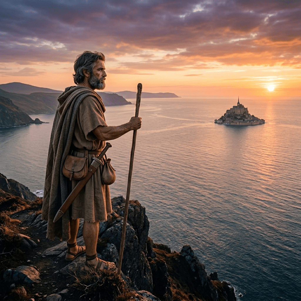 Warrior in ancient armor standing on cliff overlooking fortified medieval island town at sunset