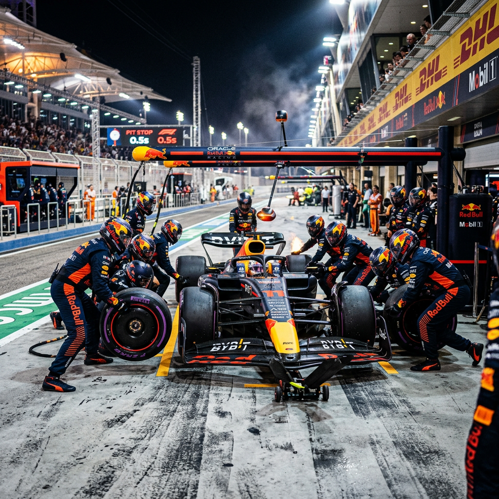 Red Bull Racing Formula 1 car in pit stop with crew changing tires