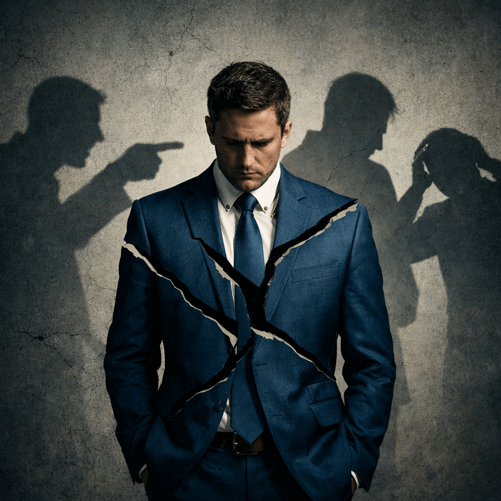 Man in blue suit looking down with shattered suit effect and shadows showing arguments