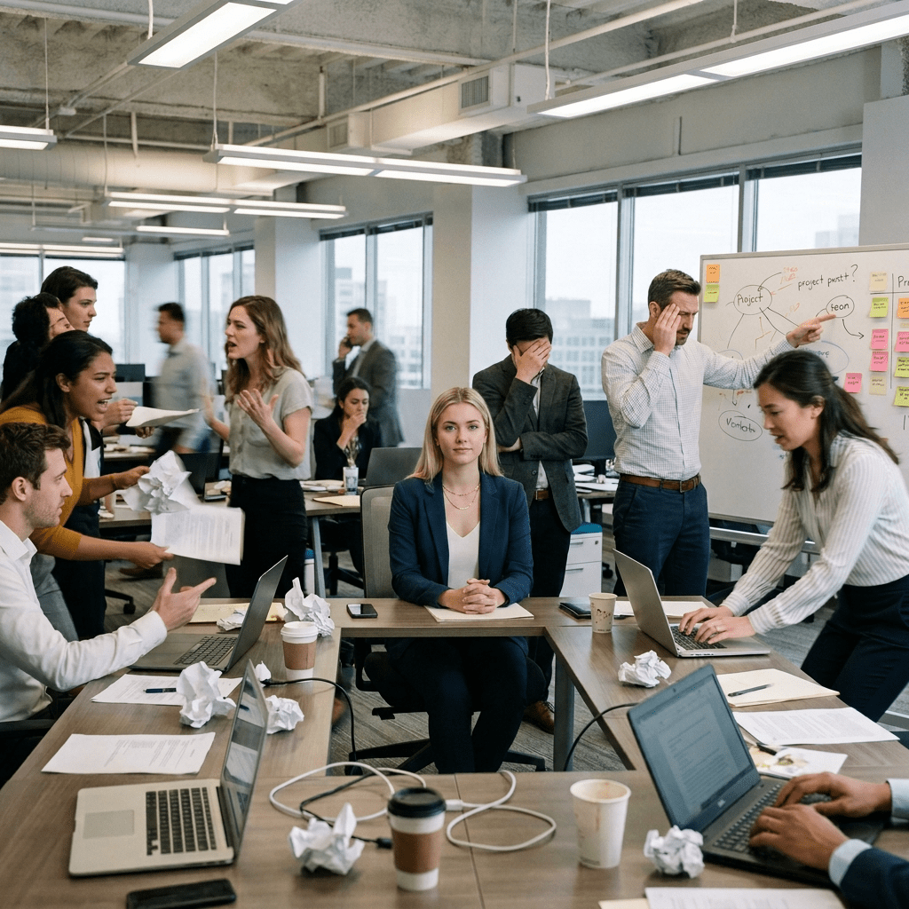 Office meeting with several people arguing and one woman sitting calmly