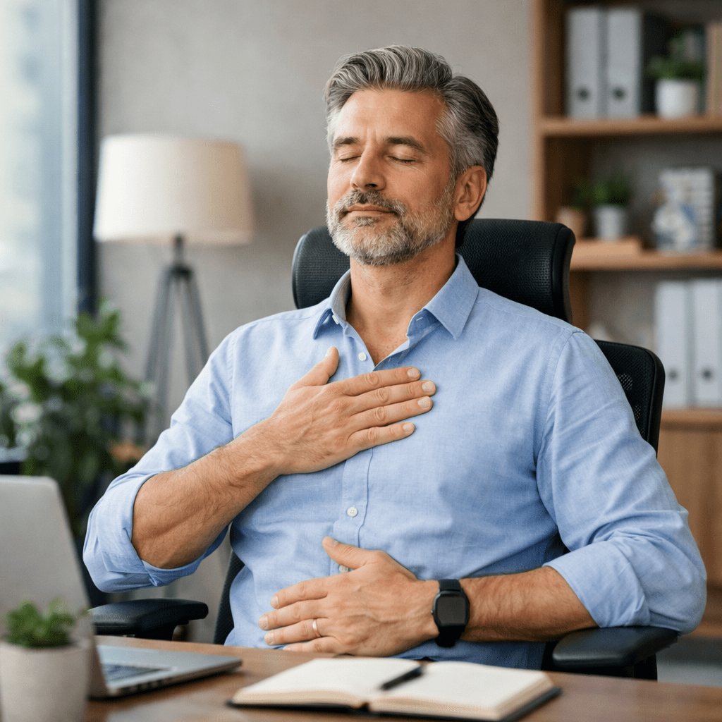 Calm leader breathing exercise in office
