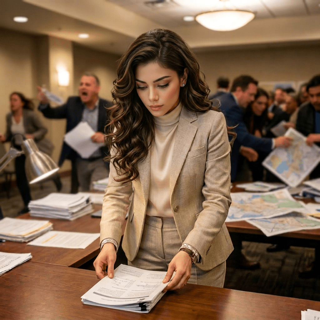 Woman holding glowing cube with word UNITY in busy office with people arguing