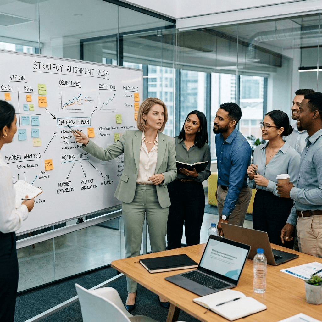 Businesswoman presenting 2024 strategy alignment plan to engaged colleagues