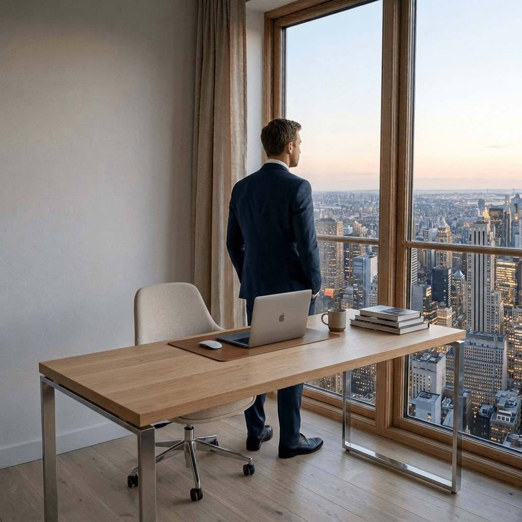 Businessman sitting at a desk looking out a window with documents, laptop, notebook, coffee mug, and plant on the desk