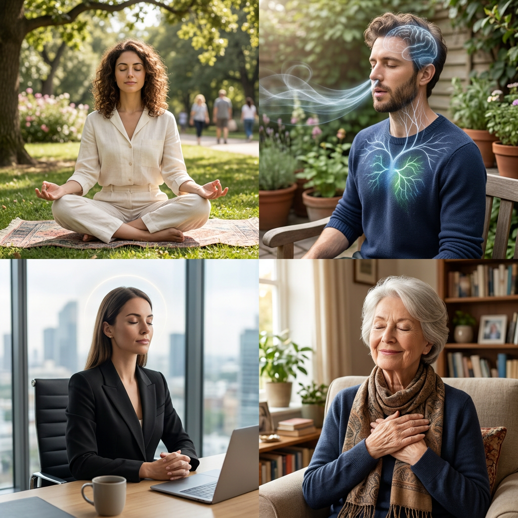 Four-panel collage of people practicing meditation and mindful breathing