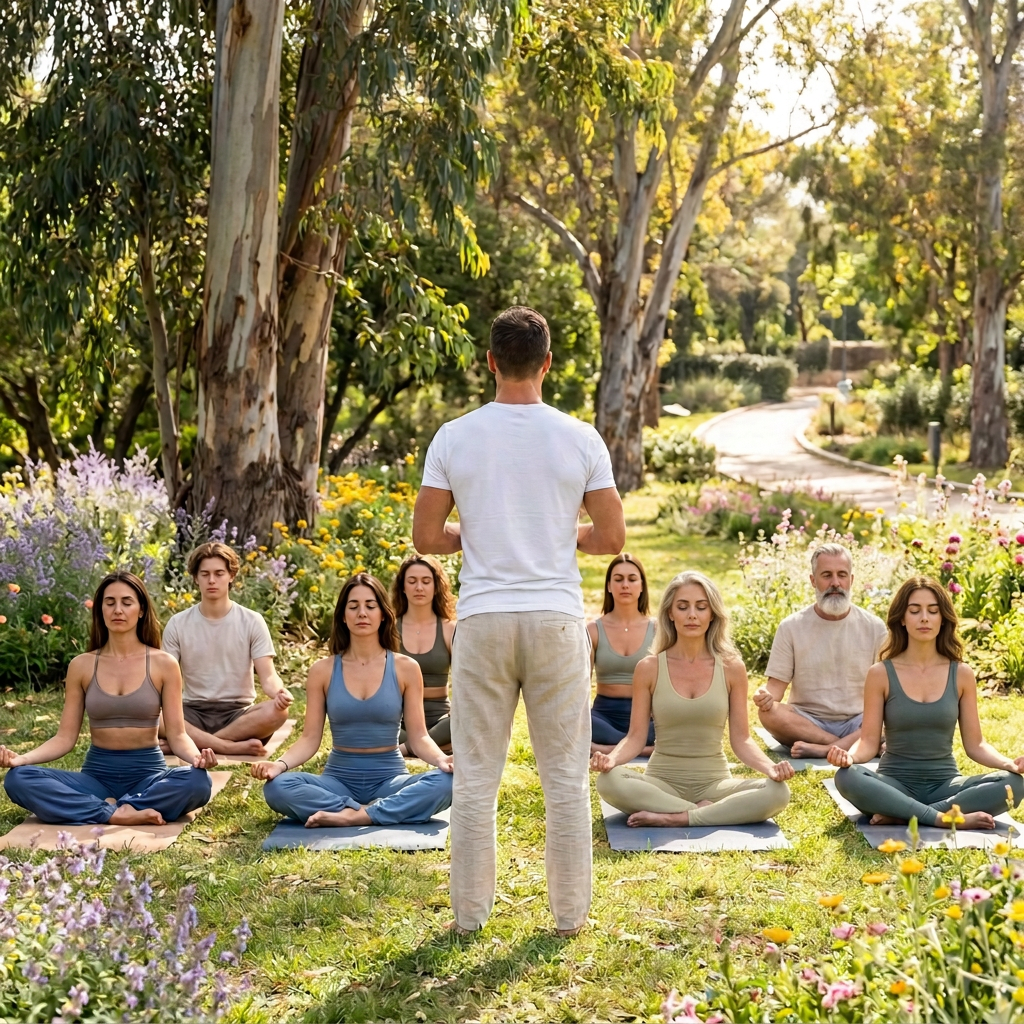 Meditation instructor leading eight people seated in a flower-filled garden