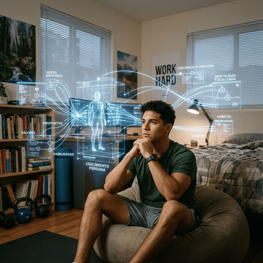 Young man reflecting in a bedroom surrounded by personal growth graphics