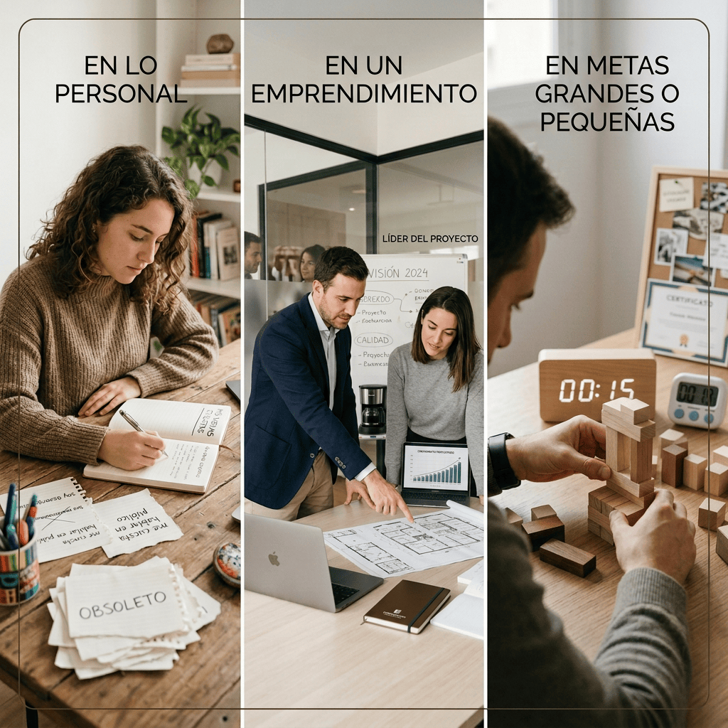 Collage con textos “EN LO PERSONAL”, “EN UN EMPRENDIMIENTO” y “EN METAS GRANDES O PEQUEÑAS”.