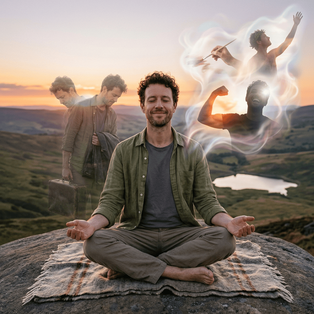 Man meditating on a mountain with translucent figures symbolizing different life paths