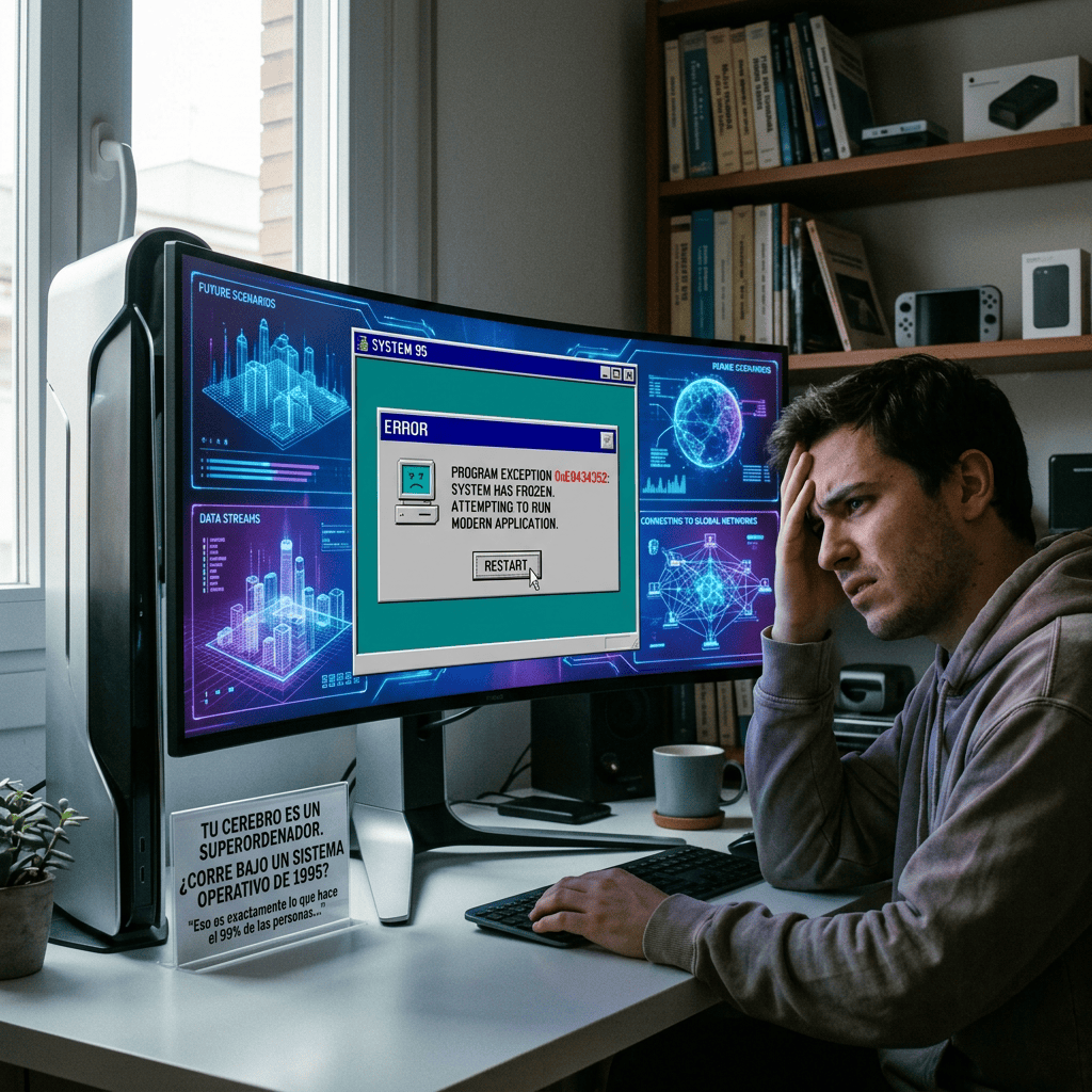 Person beside monitor reading “SYSTEM 95,” “ERROR,” “PROGRAM EXCEPTION 0E0434352: SYSTEM HAS FROZEN. ATTEMPTING TO RUN MODERN APPLICATION,” and “RESTART”; sign reads “TU CEREBRO ES UN SUPERORDENADOR. ¿CORRE BAJO UN SISTEMA OPERATIVO DE 1995? ‘ESO ES EXACTAMENTE LO QUE HACE EL 99% DE LAS PERSONAS.’”