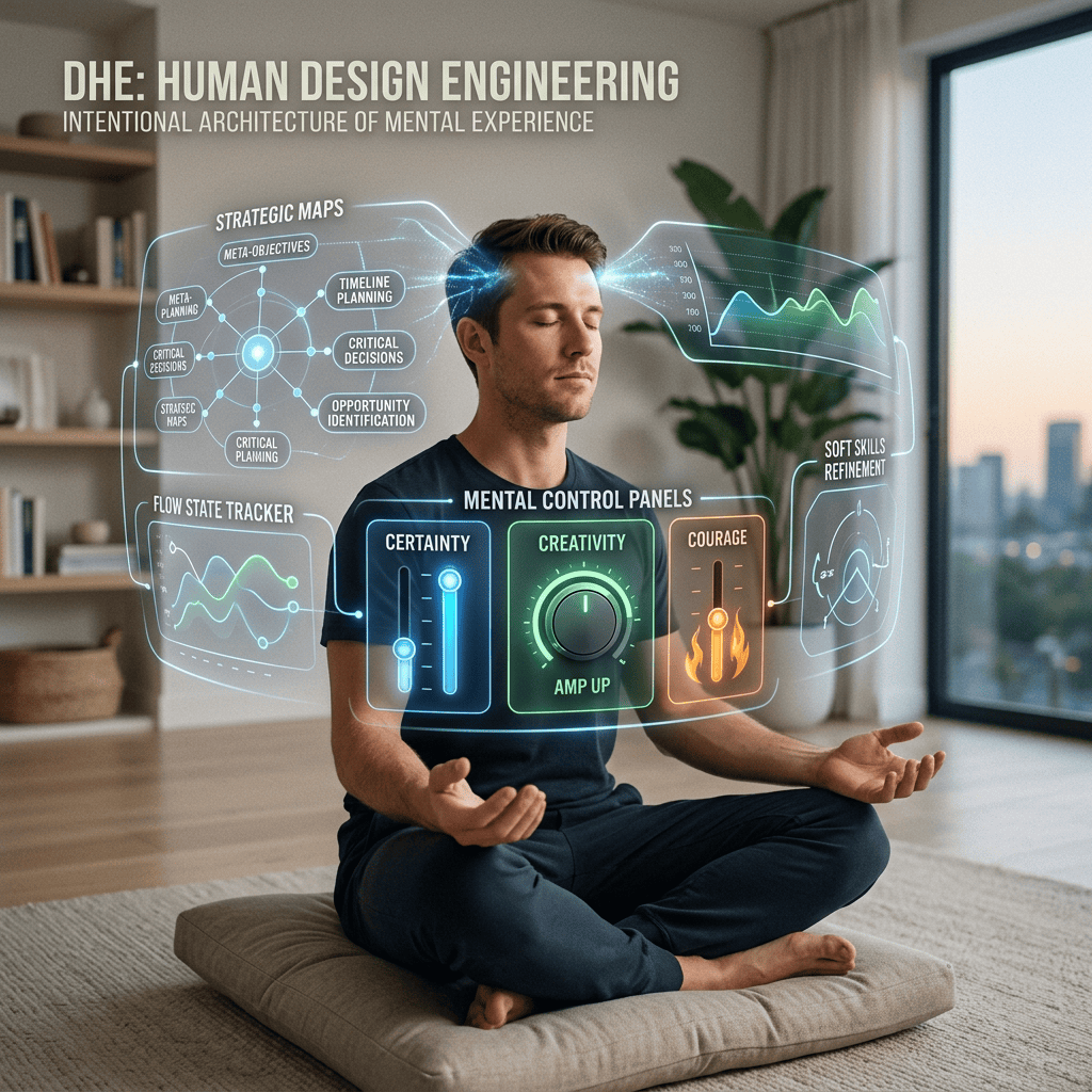 Meditating person with holographic text: DHE: HUMAN DESIGN ENGINEERING; INTENTIONAL ARCHITECTURE OF MENTAL EXPERIENCE; STRATEGIC MAPS; META-OBJECTIVES; META-PLANNING; TIMELINE PLANNING; CRITICAL DECISIONS; STRATEGIC MAPS; CRITICAL PLANNING; OPPORTUNITY IDENTIFICATION; FLOW STATE TRACKER; MENTAL CONTROL PANELS; CERTAINTY; CREATIVITY; AMP UP; COURAGE; SOFT SKILLS REFINEMENT