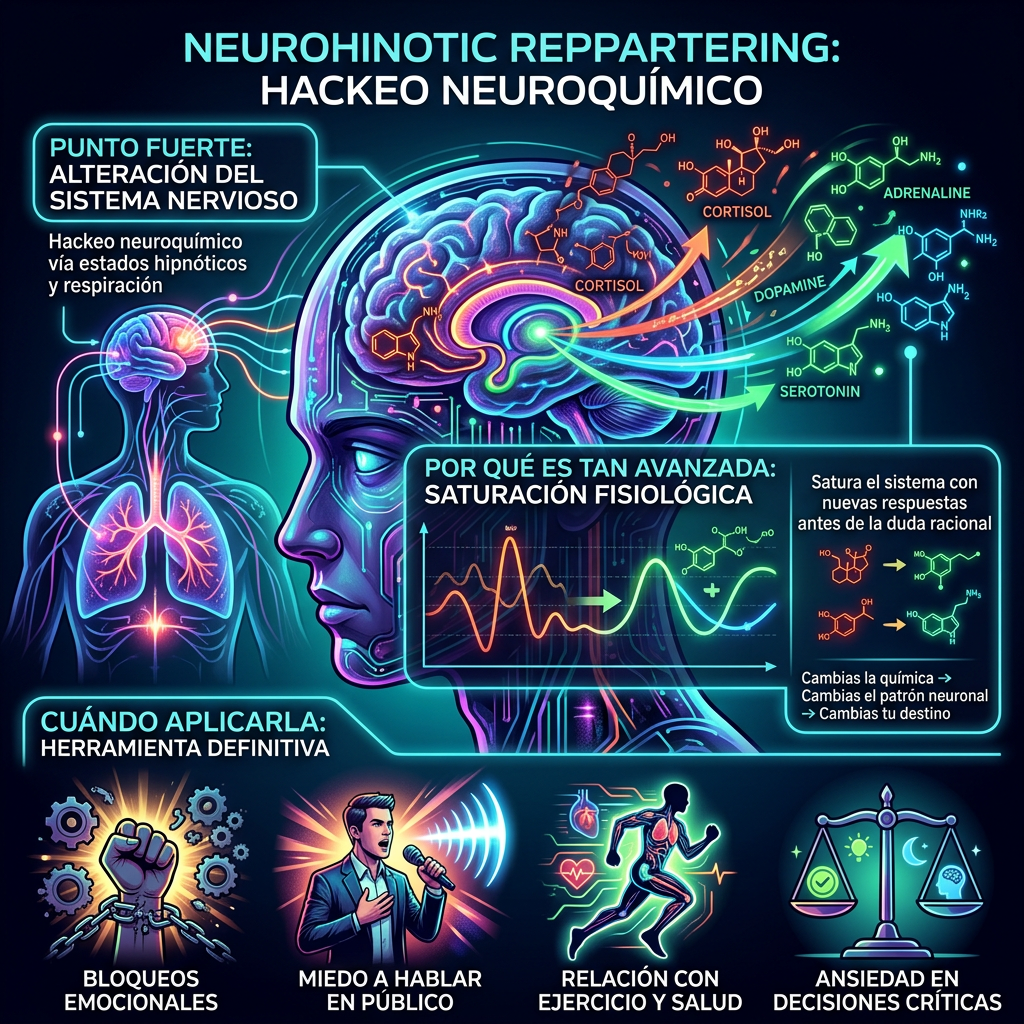 Infografía en español: “Neurohinótico repartiéring: hackeo neuroquímico”; alteración del sistema nervioso, cortisol, dopamina, adrenalina y serotonina; saturación fisiológica; bloqueos emocionales, miedo a hablar en público, ejercicio y salud, y ansiedad en decisiones críticas.