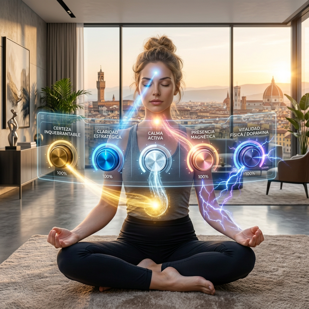 Meditating woman with Spanish dashboard: Certeza Inquebrantable, Claridad Estratégica, Calma Activa, Presencia Magnética, Vitalidad Física/Dopamina; each 100%.