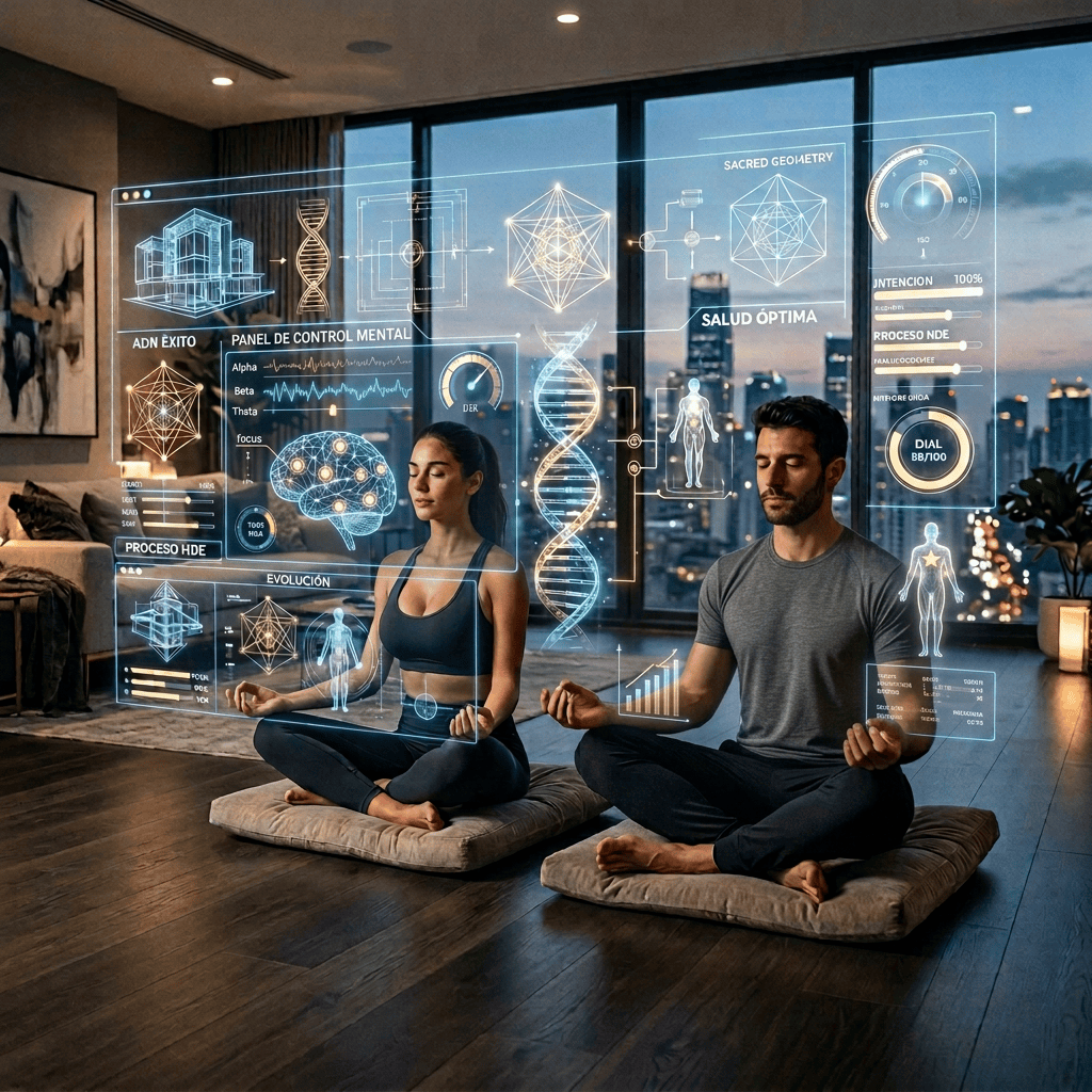 Two people meditating beneath overlays labeled Human Design Engineering, Sacred Geometry, Salud Óptima, and Nueva Identidad.