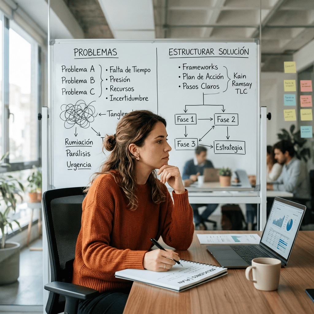 Woman studying Spanish whiteboard listing problems, pressures, resources, phases, and strategy
