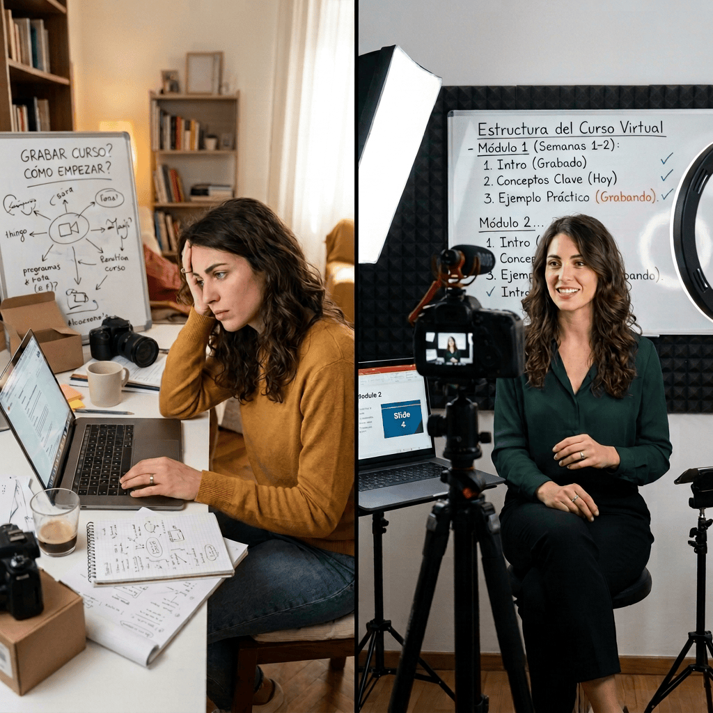 Comparación: “ESCENA 1: PROCASTINANDO Y CONFUNDIDA” y “ESCENA 2: GRABANDO Y ORGANIZADA”.