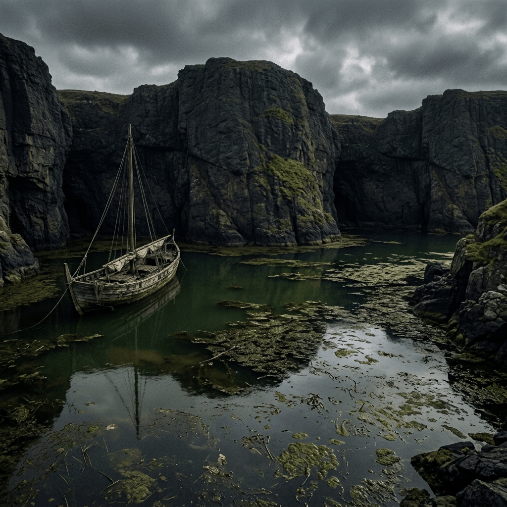 Split scene showing a sailboat in a rocky inlet and rough ocean