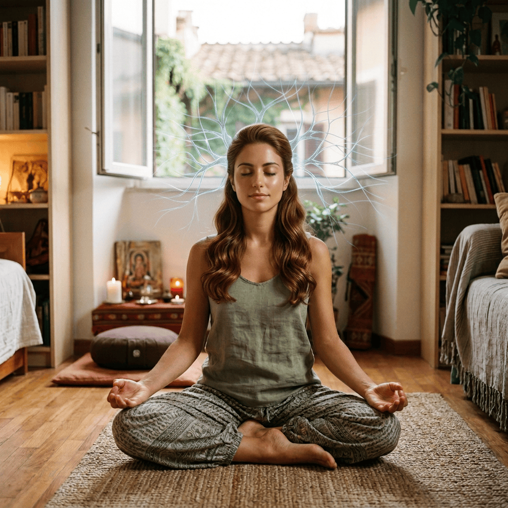 Mujer meditando con cabello castaño y neuroplasticidad